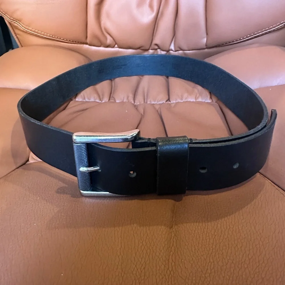 Men's Classic Black Leather Belt Size 36 Silver Buckle Jeans Trouser